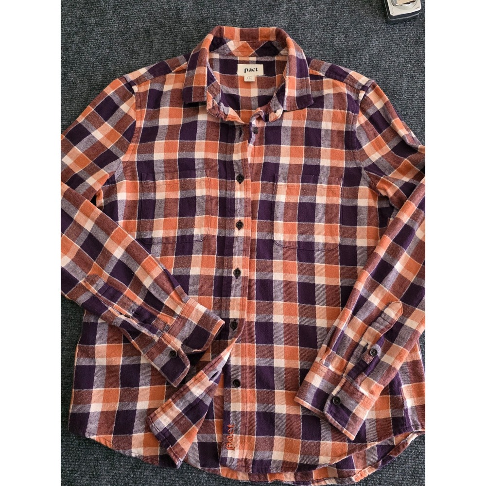 PACT Mila Women Flannel Shirt Small Orange Purple Plaid Organic Cotton Button Up
